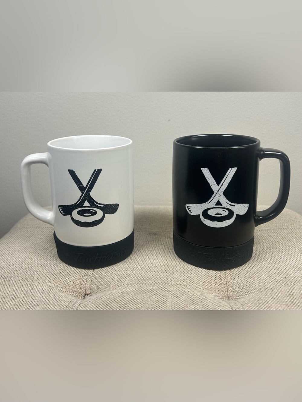 Tim Hortons Hockey Puck Mugs Black & White Hockey Sticks Donut Canada X2 EUC
